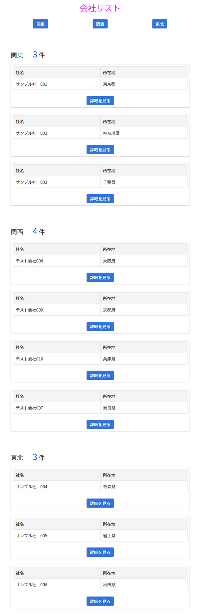 地域別会社一覧と各エリアの件数表示